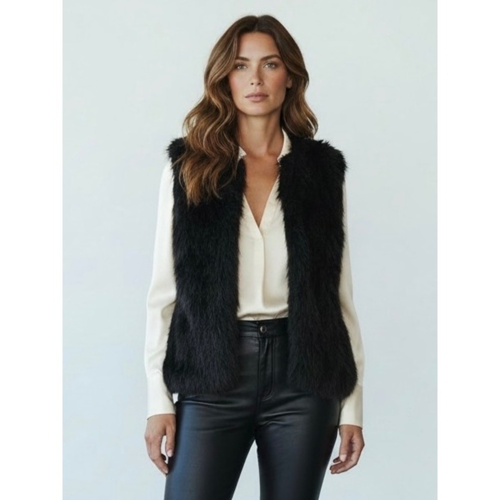 SI STYLE DOT COM Black Real Fur Vest Open Front Shaggy Womens Small